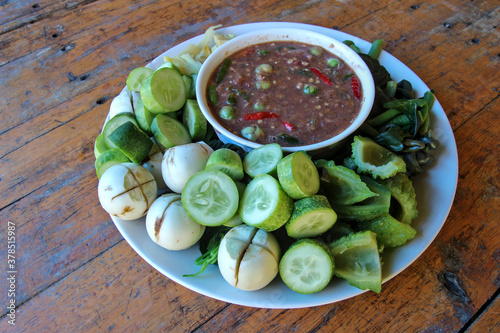 Shrimp Paste Chili Paste, eaten with vegetables. There are fresh vegetables and boiled vegetables, the food that Thais eat often