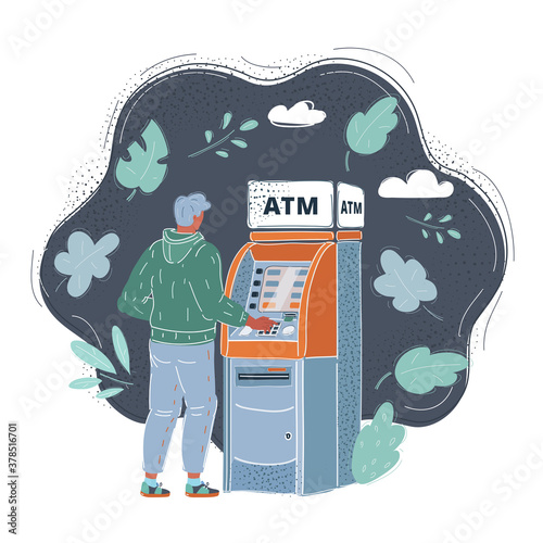 Vector illustration of man with credit card, using a ATM.