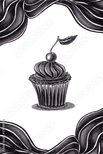 Template  with hand drawn sketch of Cupcake in monochrome black white grey colors made by water color marker  for package of visiting card or for advertising confectionery products