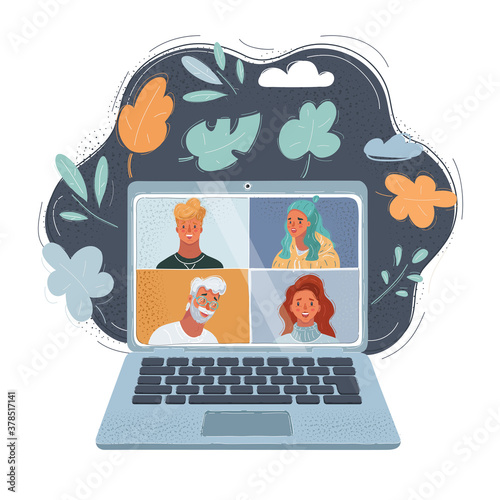 Vector illustration of women and men on laptop screen. Remote work and distance video call on dark backround.