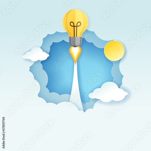 Paper art style of light bulb flying to the sky through the clouds, Start up business ideas concept