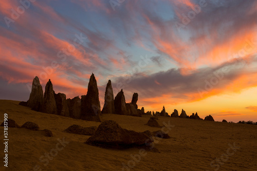 Amazing Pinnacle Desert near Cervantes in Western Australia at sunset