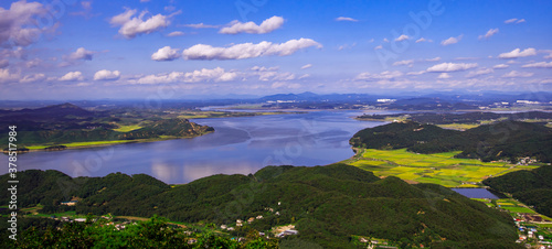 Daytime view of Imjingang River from the top of Munsunsan Mountain in Gimpo, South Korea. 