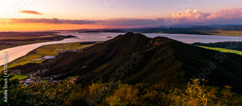 Beautiful evening view of the hilly and rural landscape of Gimpo  Korea as seen from Munsunsan Mountain. 