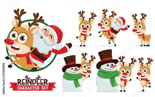 Fototapeta Naklejka Na Ścianę i Meble -  Reindeer vector characters set. Reindeers character like santa ride, skating, and playing with snowman pose and gestures isolated for christmas cartoon collection design. Vector illustration