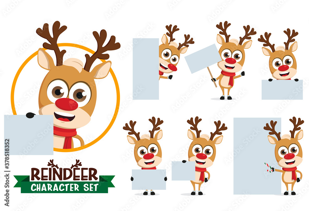 Obraz premium Reindeer characters vector set. Reindeers character in different pose and gesture holding empty white board for xmas presentation and greeting banner card. Vector illustration