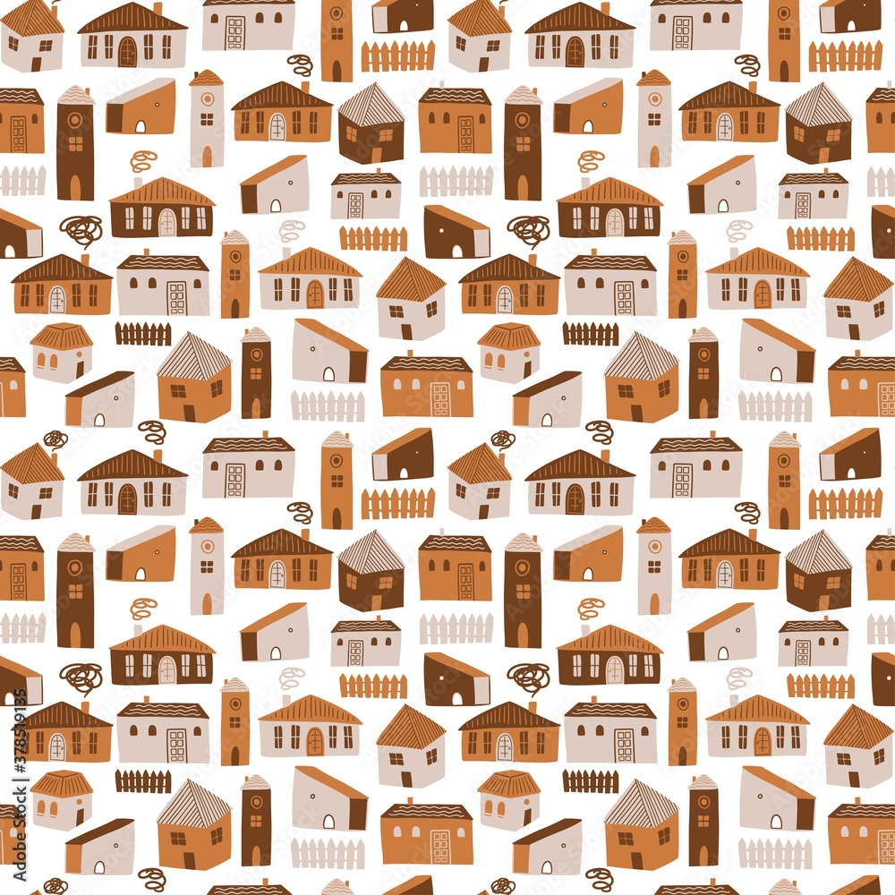 Seamless pattern with different houses. Cute vector illustration for background, fabric, print, textile, wallpaper