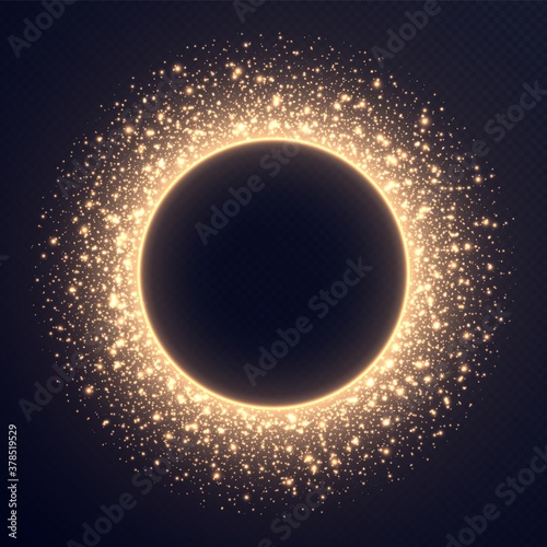 Golden circle frame with sparkles and flares, abstract luminous particles, cosmic background with bright stardust. Glowing circular border with glitter rain. Vector light effect. Luxury backdrop.