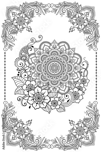 Stylized with henna tattoo decorative pattern for decorating covers book, notebook, casket, postcard and folder. Flower and border in mehndi style. Frame in the eastern tradition.