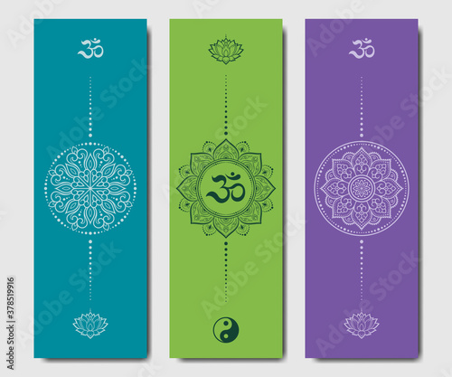 Set of design yoga mats. Lotus floral pattern, OM and Yin-yang in oriental style for decoration sport equipment. Colorful ethnic Indian ornaments for spiritual serenity. Decor of card, poster, print.