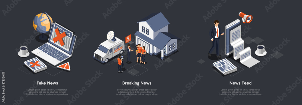 Fake News, Breaking News, News Feed Concept. Fake Information In Newspaper And Internet. Journalist Interviewing Family, News Feed From International Media Source. 3d Isometric Vector Illustration Set Fake News, Breaking News, News Feed Concept. Fake Information In Newspaper And Internet. Journalist Interviewing Family, News Feed From International Media Source. 3d Isometric Vector Illustration Set