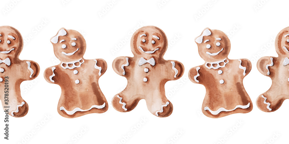 Fototapeta premium Watercolor set of borders with gingerbread. Gingerbread figures and men