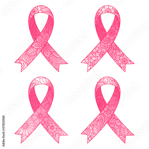 Poster of breast cancer awareness month. A set of decorative symbols - a pink ribbon of flowers in the style of Mehdi.