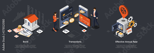 Bond, Transactions And Effective Annual Rate Concept. Bond House, Property Bond. Transaction Banking Between Buyer And Seller. Effective Annual Rate Calculation. 3d Isometric Vector Illustration Set