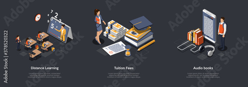 Online Learning, Education Concept. Set Of Compositions With Pupils Or Students Studying Distantly, Tuition Fees, Payments And Books Released In Audio Format. Colorful 3d Isometric Vector Illustration