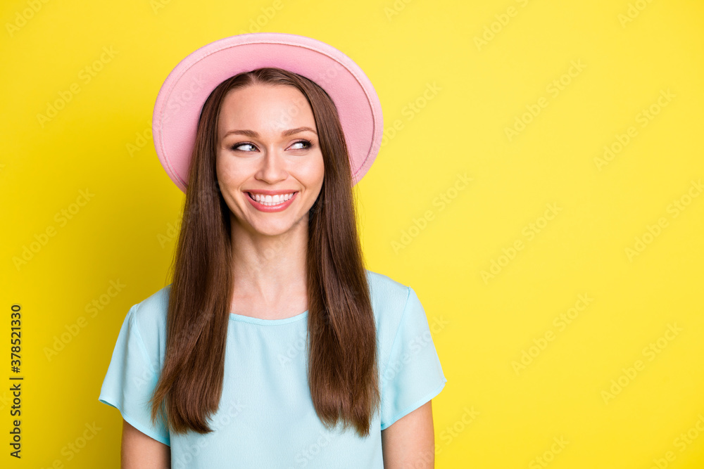 Photo of nice optimistic friendly girl look copyspace toothy smiling wear summer season clothes isolated over vibrant color background Photo of nice optimistic friendly girl look copyspace toothy smiling wear summer season clothes isolated over vibrant color background