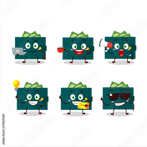 Green wallet cartoon character with various types of business emoticons