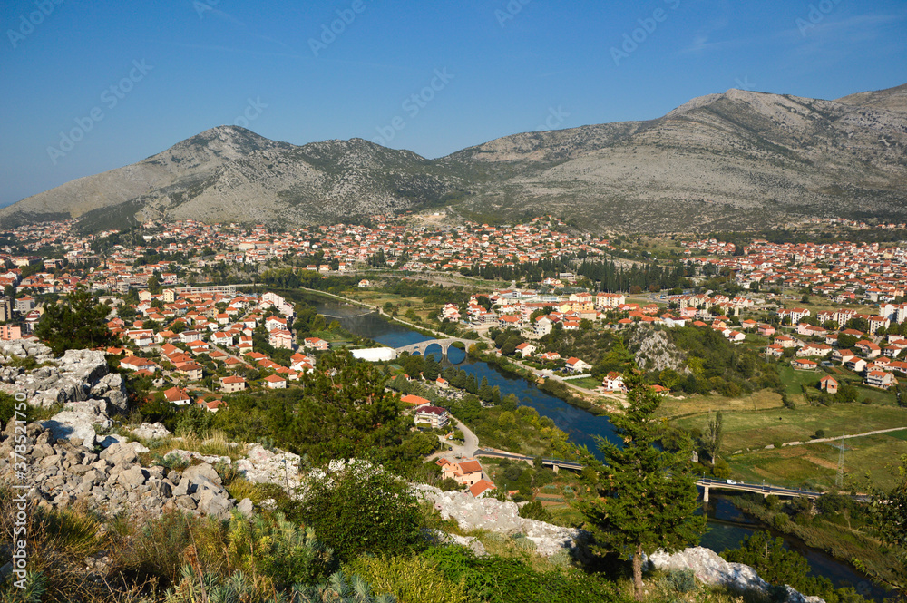 panoramic view of the city of Trebinje from the viewpoint next to the Orthodox Church, Bosnia and Herzegovina.