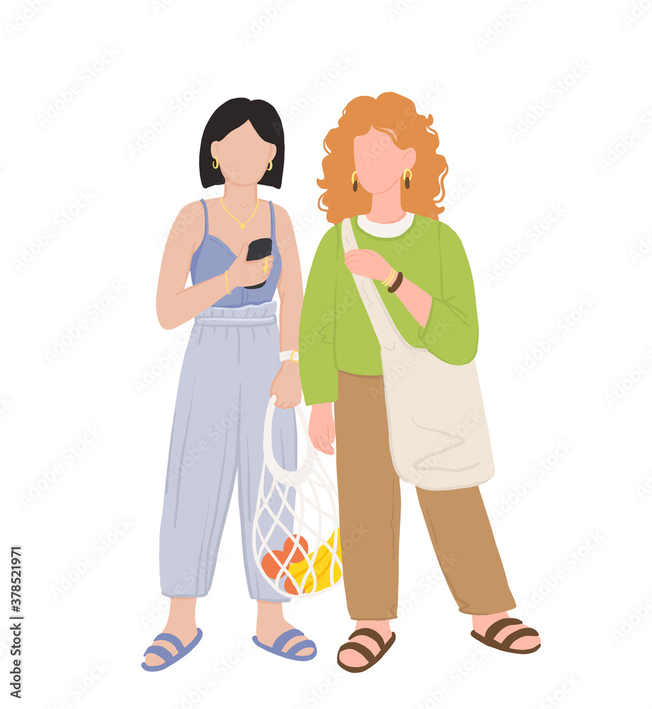 Zero waste life style. Cartoon people with natural eco products in linen bag and a string bag, shopping with zero pollution, concept healthy lifestyle isolated on white background Zero waste life style. Cartoon people with natural eco products in linen bag and a string bag, shopping with zero pollution, concept healthy lifestyle isolated on white background