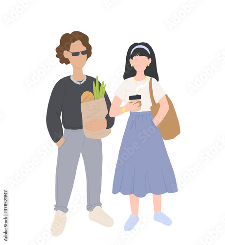 Zero waste life style. Cartoon people with natural eco products in linen bag and a string bag, shopping with zero pollution, concept healthy lifestyle isolated on white background