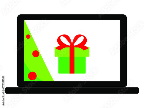 Christmas online shopping. gift box with red ribbon on screen of notebook. Vector stock illustration isolated on white background