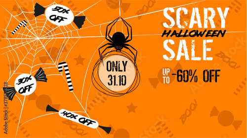 Halloween sale banner concept with spiders. Vector lettering banner