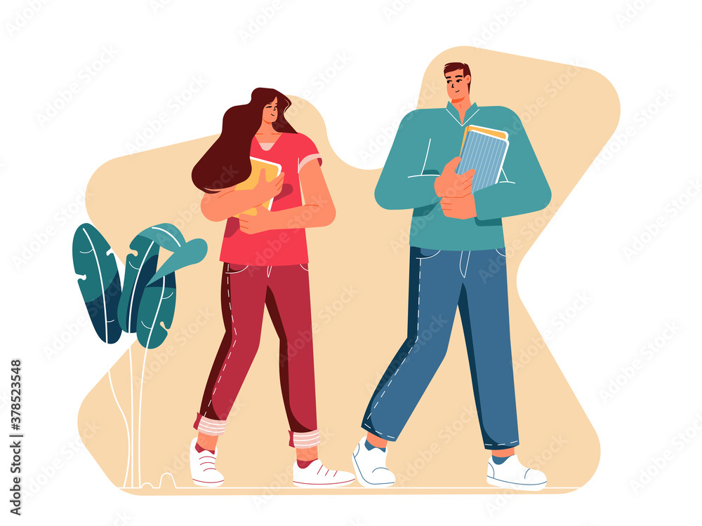 Student couple walking outdoors holding books. Trendy modern characters illustration. Student couple walking outdoors holding books. Trendy modern characters illustration.