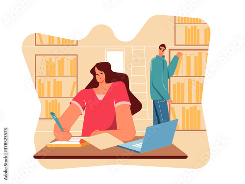 Young man meeting a young woman in a library.  Vector