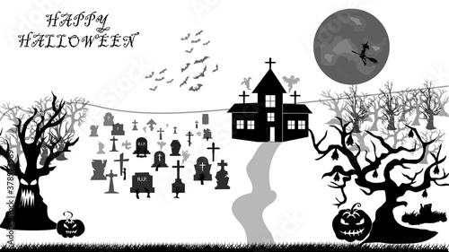 Halloween pumpkins and castle illustration. Halloween night celebration. Style composition Background Halloween . Old haunted house surrounded by silhouettes of trees with the big moon. Vector image