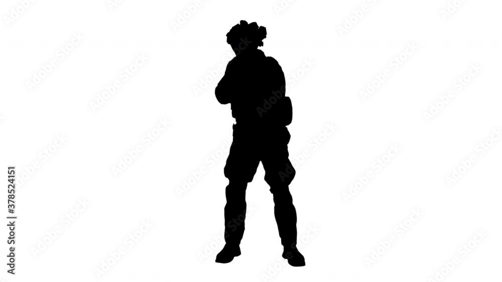 Army man pointing gun in multiple directions ready for combat, Alpha Channel Army man pointing gun in multiple directions ready for combat, Alpha Channel