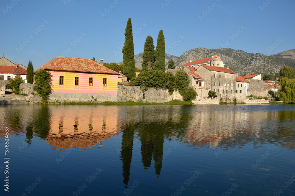 View of Old Town of Trebinje on the bank of Trebisnjica river in a sunny day, Bosnia and Herzegovina