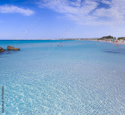 Fototapeta Naklejka Na Ścianę i Meble -  Baia Verde Beach in Salento, Apulia (Italy). It's not far away from Gallipoli, stretches along three kilometres with its white and fine sand, surrounded by dunes and emerald green sea.