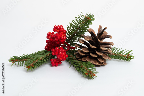 Christmas composition. Christmas card, pine branches, toys. Flat lay, top view.