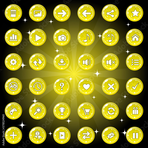Buttons and icon set design for game or web theme is yellow. Premium Vector illustration.
