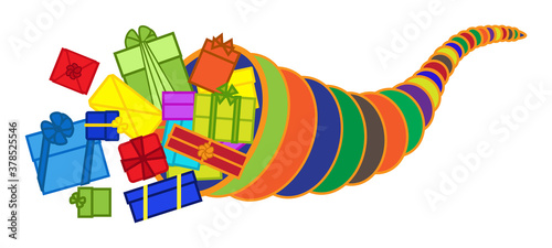 Multicolored gifts fly out of the cornucopia