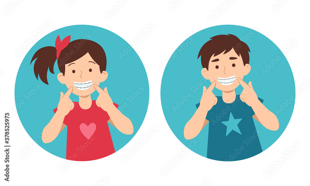 Vector illustration of girl and boy kids with teeth braces. Hand-drawn flat art for tooth care design. Motivational poster or advert banner for children dental clinic. Vector illustration of girl and boy kids with teeth braces. Hand-drawn flat art for tooth care design. Motivational poster or advert banner for children dental clinic.