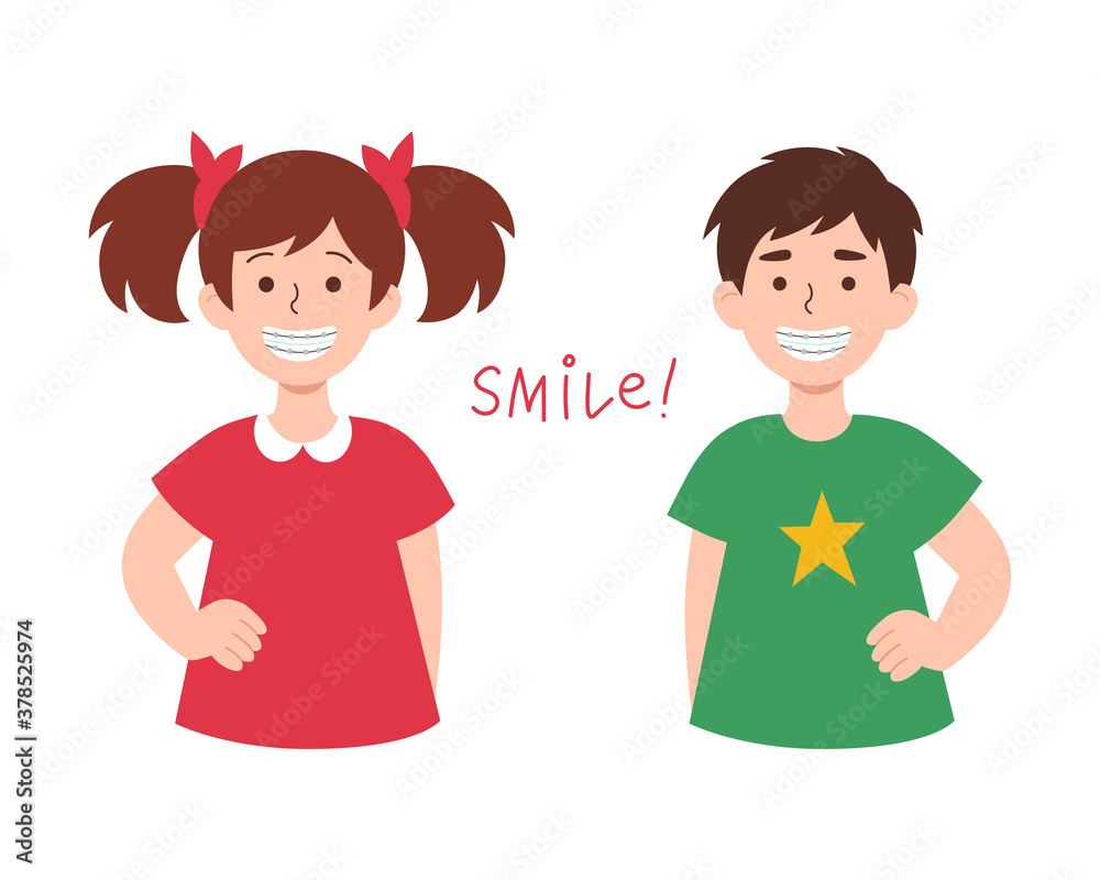 Cartoon vector illustration of girl and boy smiling with teeth braces. Children's dental clinic, tooth care concept. Isolated hand-drawn characters for poster, advert, web banner or print. Cartoon vector illustration of girl and boy smiling with teeth braces. Children's dental clinic, tooth care concept. Isolated hand-drawn characters for poster, advert, web banner or print.