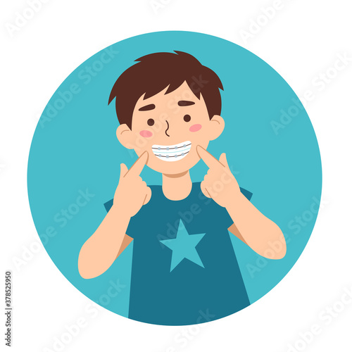 Cute cartoon dark hair kid boy pointing to his teeth braces. Motivational poster or advert banner for children dental clinic. Hand-drawn flat vector illustration for tooth care design.