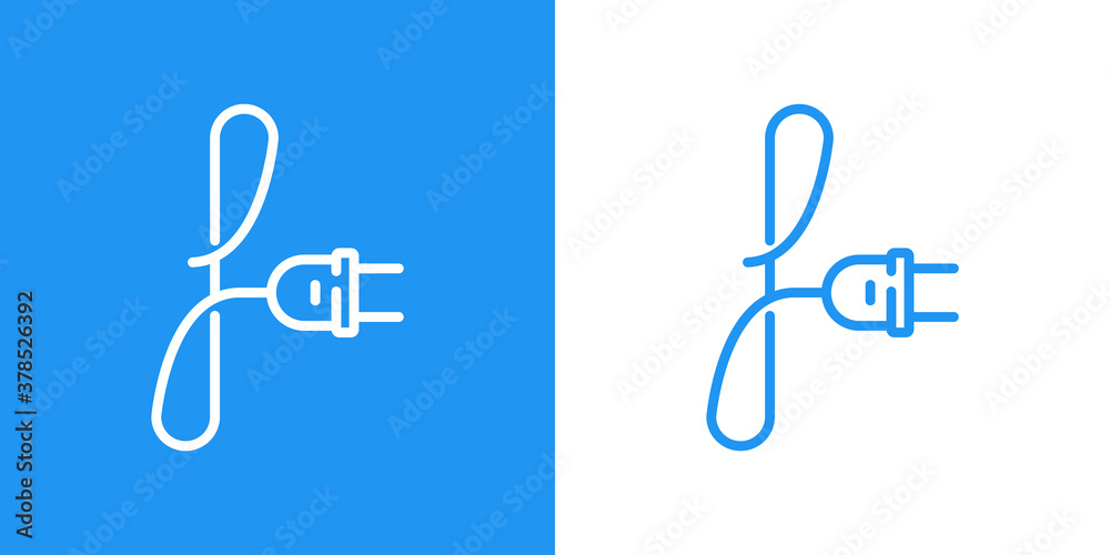 Concepto energía eléctrica. Logotipo lineal letra inicial F con enchufe eléctrico con cable en fondo azul y fondo blanco Concepto energía eléctrica. Logotipo lineal letra inicial F con enchufe eléctrico con cable en fondo azul y fondo blanco