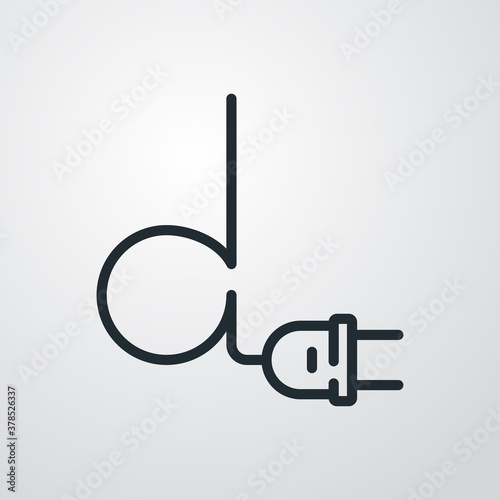 Concepto energía eléctrica. Logotipo lineal letra inicial D con enchufe eléctrico con cable en fondo gris