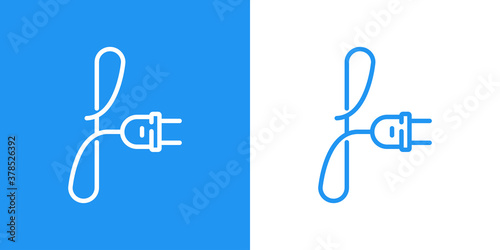 Concepto energía eléctrica. Logotipo lineal letra inicial F con enchufe eléctrico con cable en fondo azul y fondo blanco