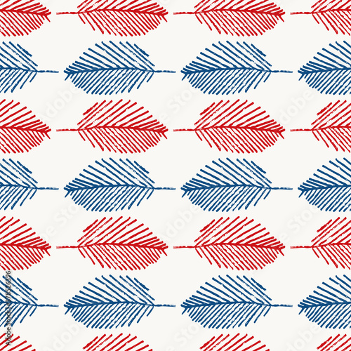 Mono print style leaves seamless vector pattern background. Horizontal rows of navy blue red scribble effect foliage on white backdrop. Geometric hand crafted repeat for summer or Americana concept
