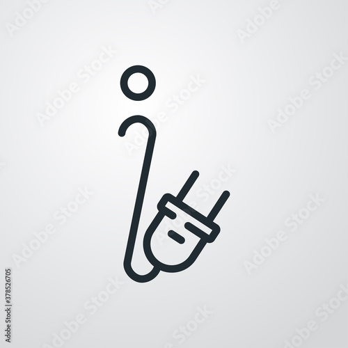 Concepto energía eléctrica. Logotipo lineal letra inicial I con enchufe eléctrico con cable en fondo gris
