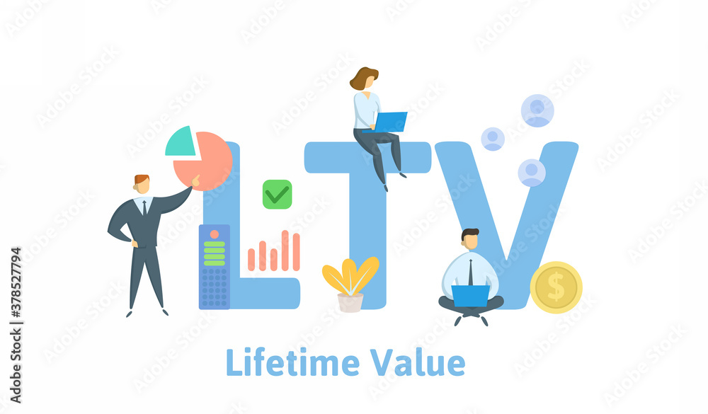 LTV, Lifetime Value or Loan to Value. Concept with keywords, people and icons. Flat vector illustration. Isolated on white background. LTV, Lifetime Value or Loan to Value. Concept with keywords, people and icons. Flat vector illustration. Isolated on white background.