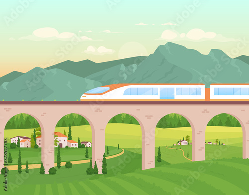 Express train flat color vector illustration. Railway with fast locomotive for travel. Village buildings. Rocky mountains line. Countryside 2D cartoon landscape with nature on background