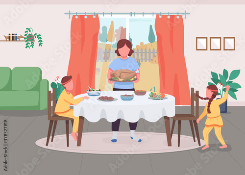Family celebrate Thanksgiving flat color vector illustration. Mom serve traditional dinner. Meal on table. Mother with son and daughter 2D cartoon characters with interior on background