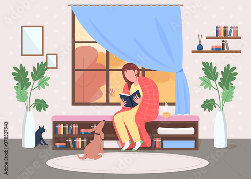 Woman reading at home flat color vector illustration. Lounge room. Person hold book with blanket on shoulder. Pets with owner in living room. Female 2D cartoon character with interior on background