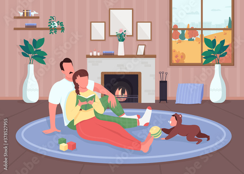 Family relax at home flat color vector illustration. Mother and father sit together on floor. Baby play with toys. Parents with toddler 2D cartoon characters with interior on background