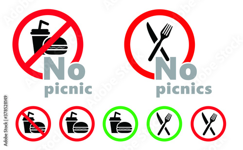 Stop no picnic eating or drinks icons Caution inedible not for human consumption signs Do not eat on camping, park or beach icon Vector allowed pictogram No Ban beverage Forbidden cafe junk fast food