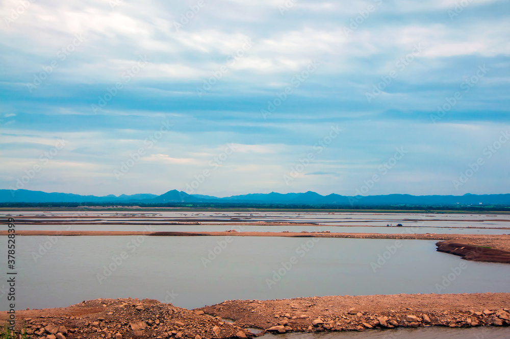 Landscape of Pasak Jolasid Dam with mountain and sky on summer